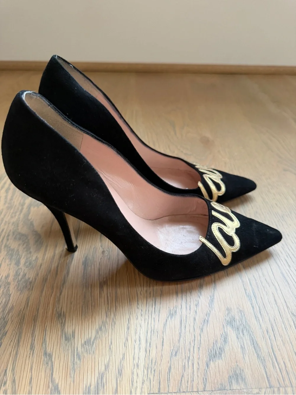 Kate Spade Black Suede Pointed Toe Pumps with Gold 'love' Script